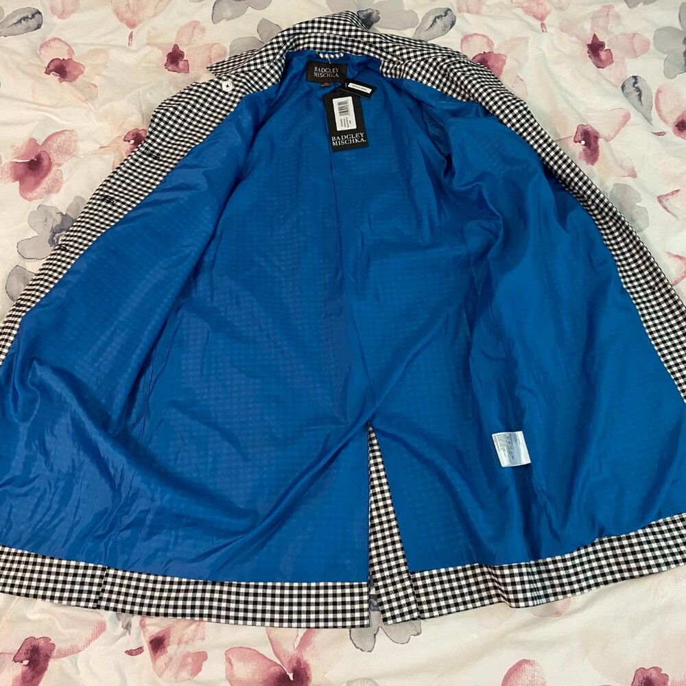 Badgley Mischka Plaid Trench Coat with Satin Blue Lining - Picture 17 of 17